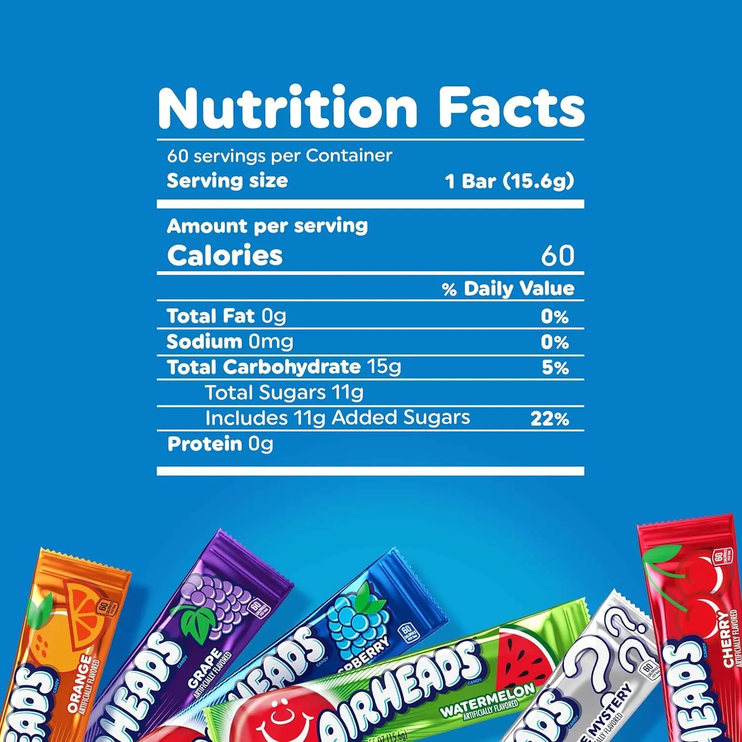 Airheads Candy Bars, Variety Bulk Box, Chewy Full Size Fruit Taffy, Gifts, Holiday, Parties, Concessions, Pantry, Non-Melting, Party, 60 Individually Wrapped Full Size Bars