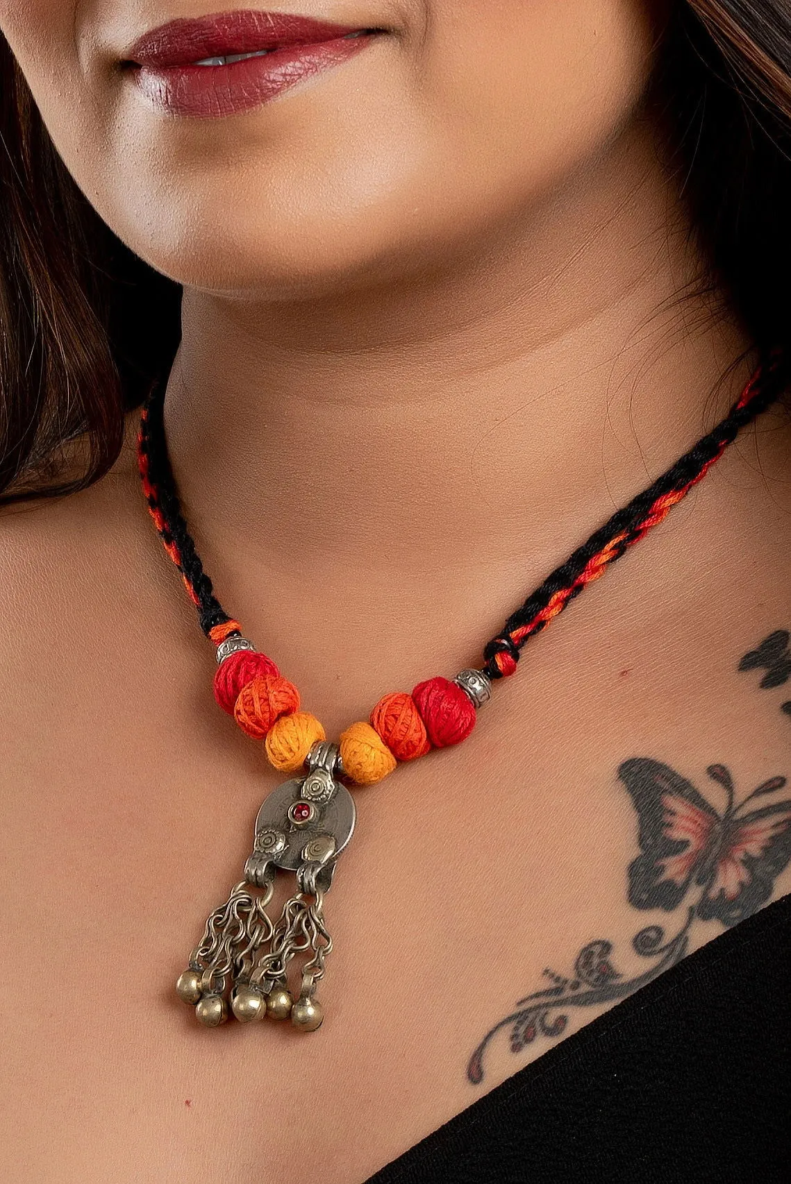 Handcrafted, Authentic Afghan Coin Necklace with Adjustable Dori and Saffron Thread Balls