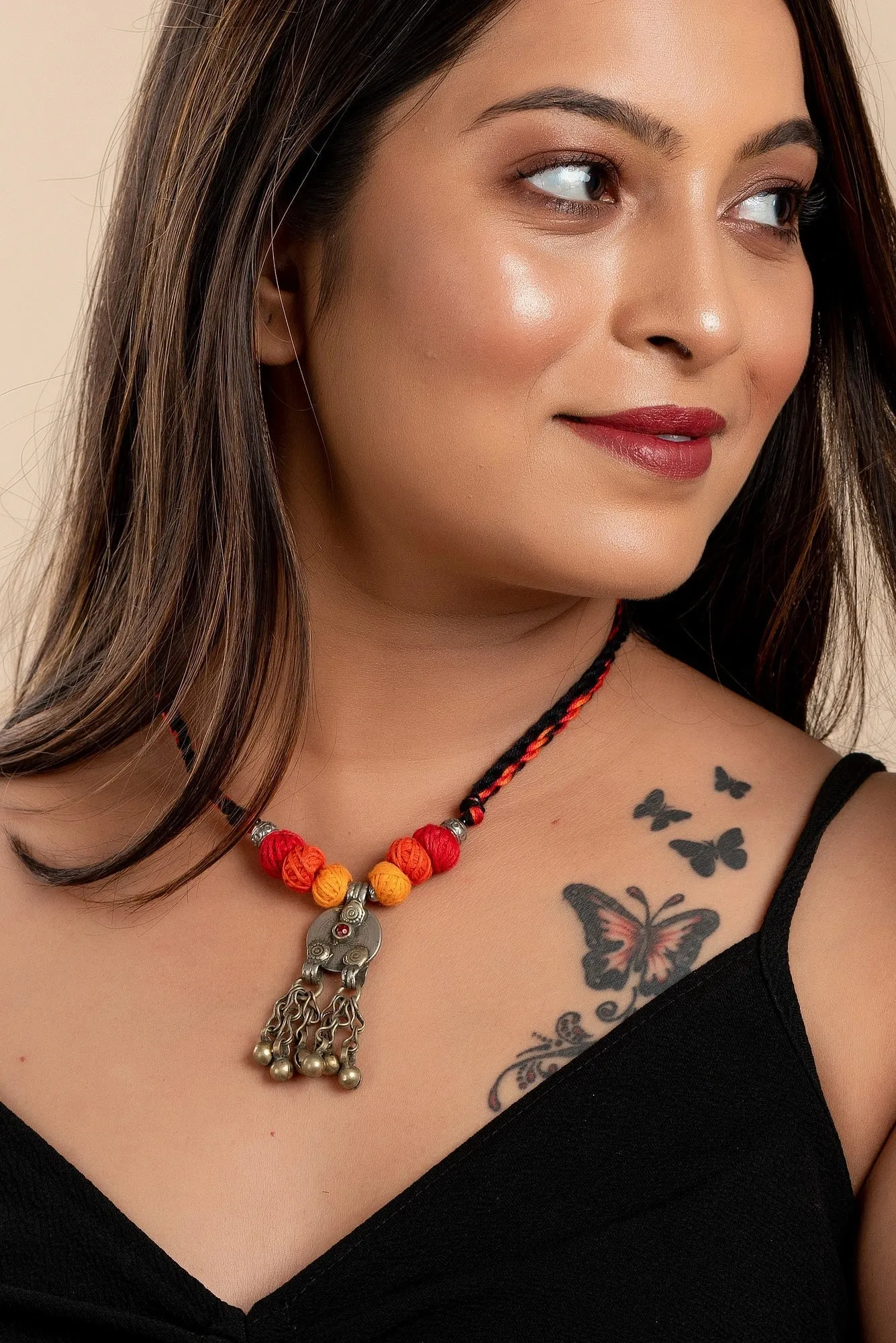 Handcrafted, Authentic Afghan Coin Necklace with Adjustable Dori and Saffron Thread Balls