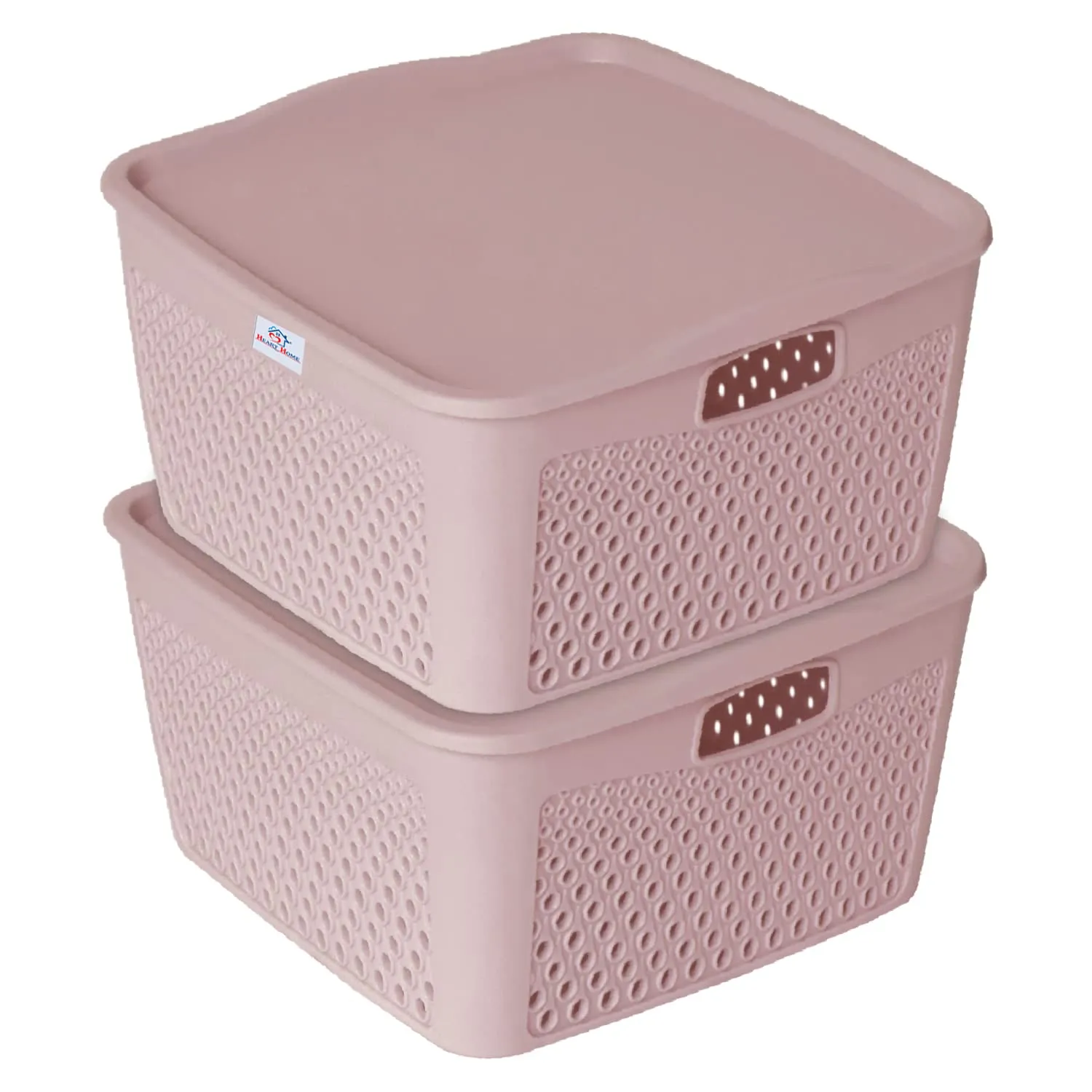 Heart Home Netted Design Unbreakable Multipurpose Square Shape Plastic Storage Baskets with lid Small Pack of 2 (Grey)