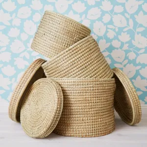 Large Storage Natural Grass Lid Basket Set of 3