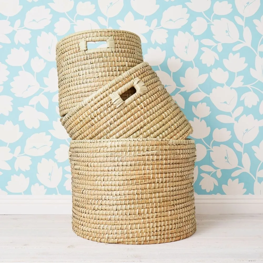 Large Storage Natural Grass Lid Basket Set of 3