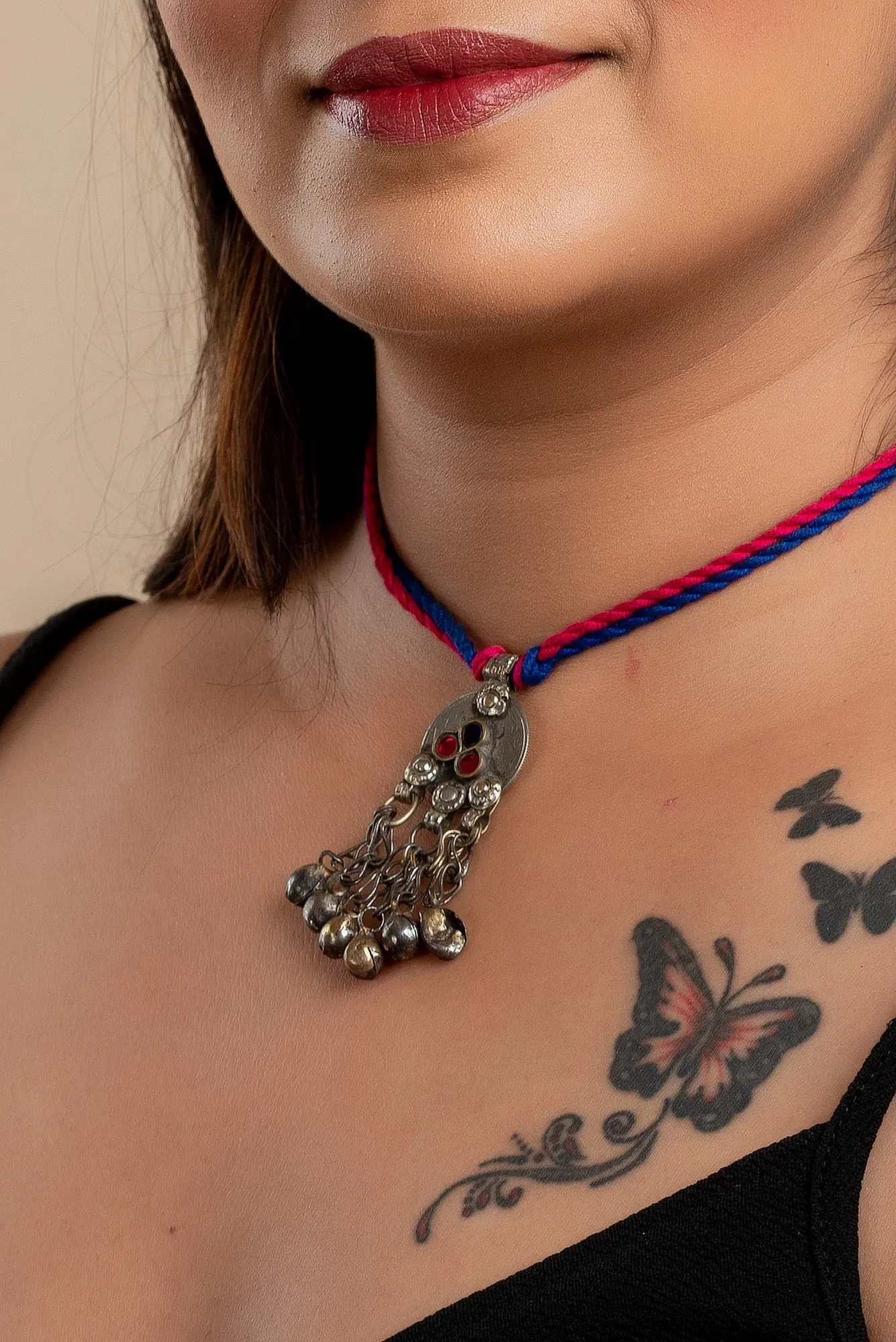 Lightweight Afghan Neckpiece - Unique Handmade Necklace with Adjustable Pink Blue Dori for Women