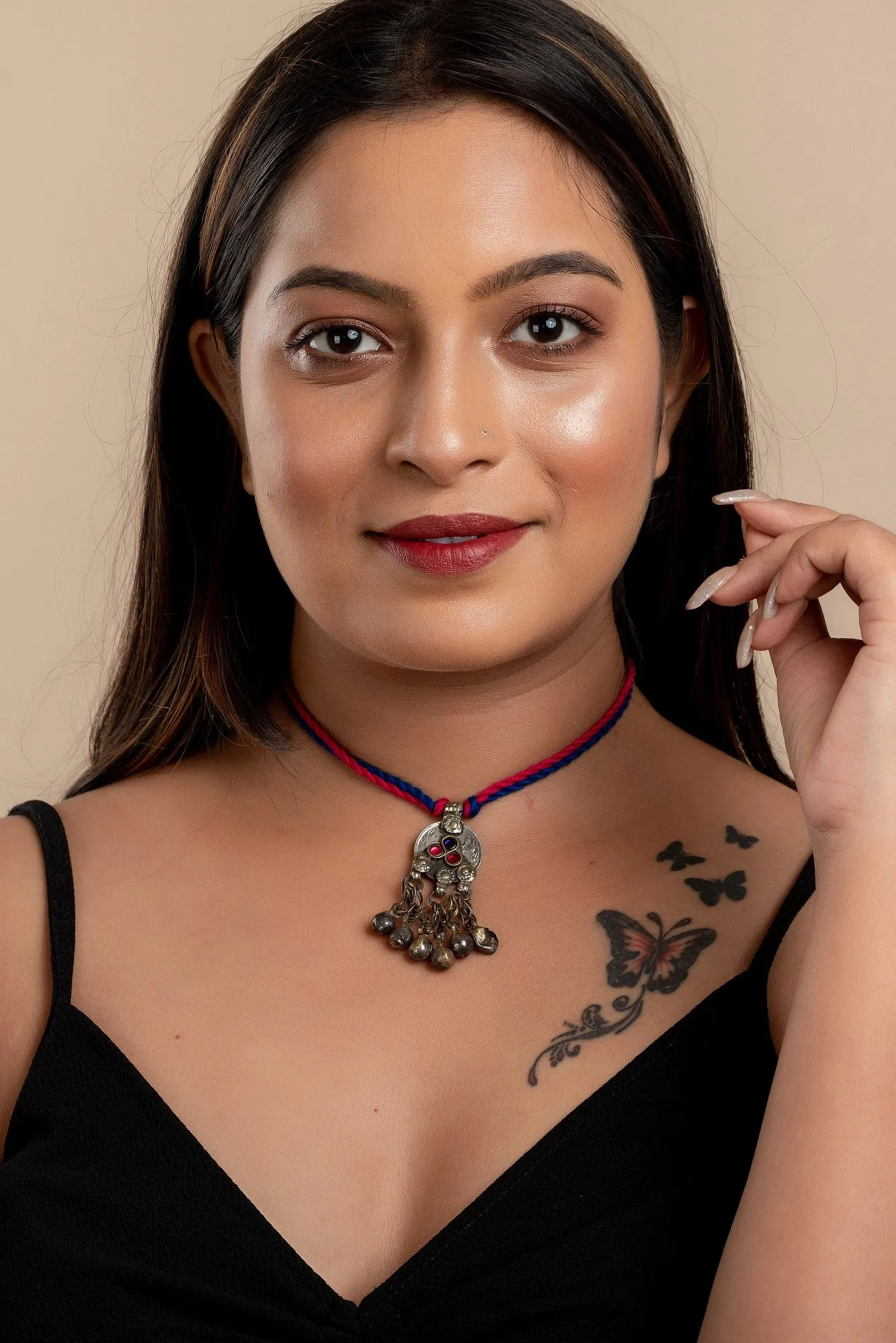 Lightweight Afghan Neckpiece - Unique Handmade Necklace with Adjustable Pink Blue Dori for Women