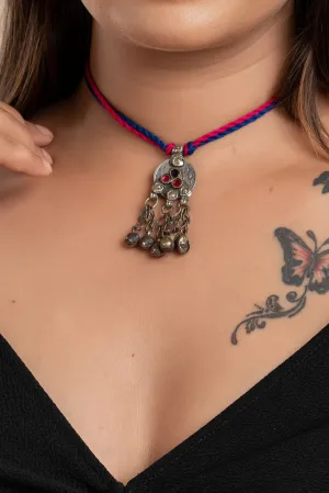 Lightweight Afghan Neckpiece - Unique Handmade Necklace with Adjustable Pink Blue Dori for Women