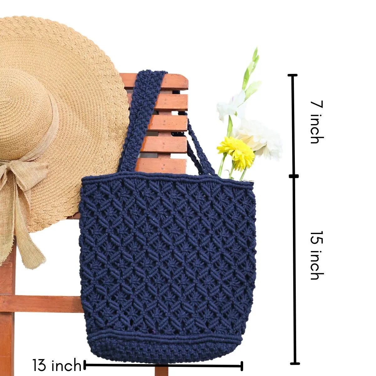 Navy Blue Macrame Tote Bag