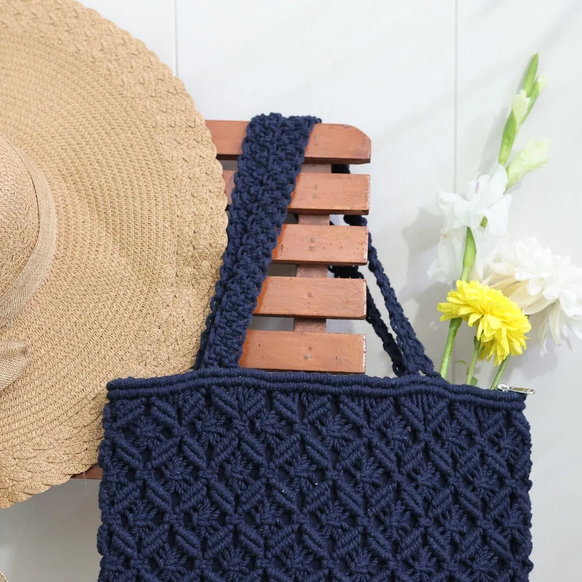Navy Blue Macrame Tote Bag