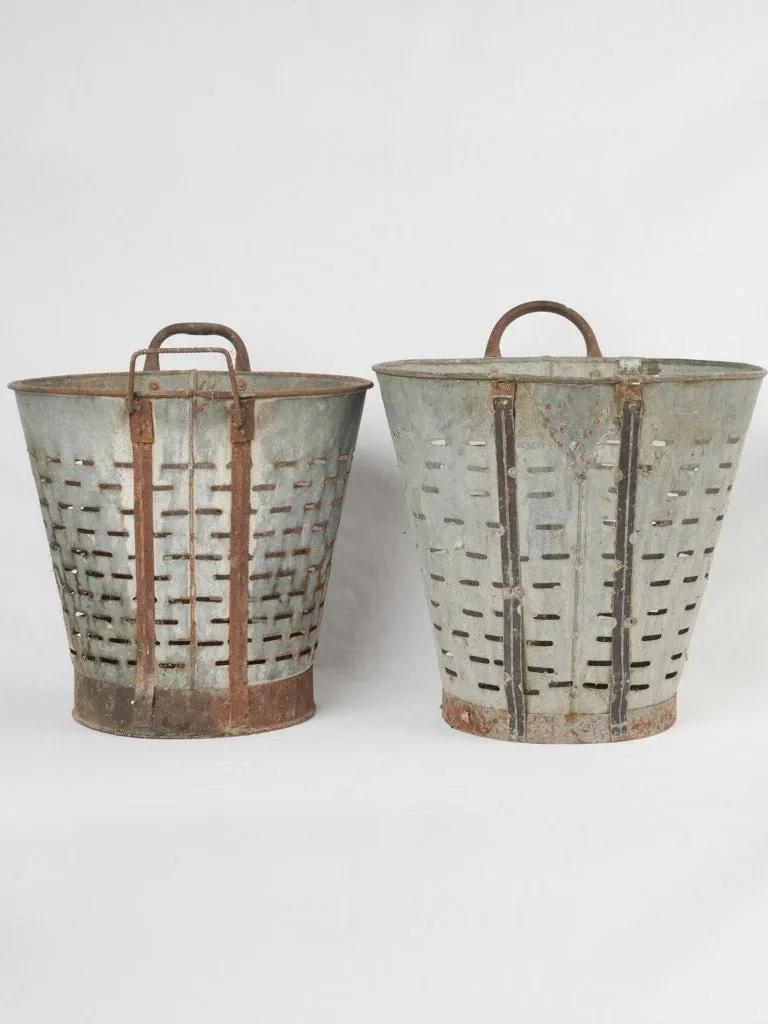 Pair of rustic zinc perforated olive buckets 18"