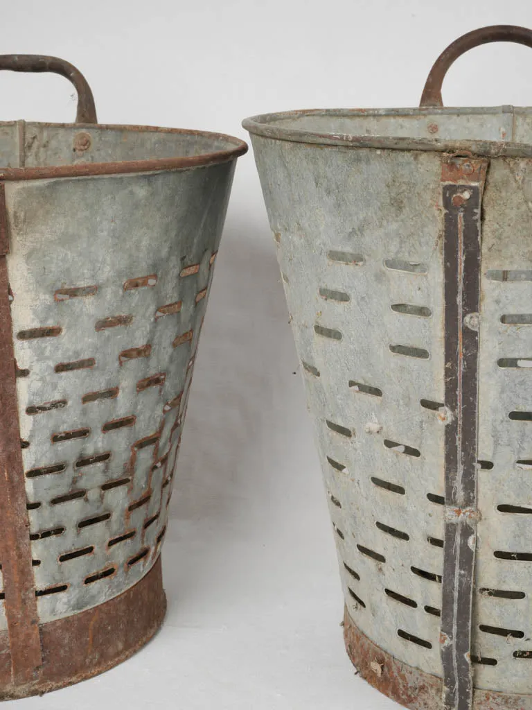 Pair of rustic zinc perforated olive buckets 18"