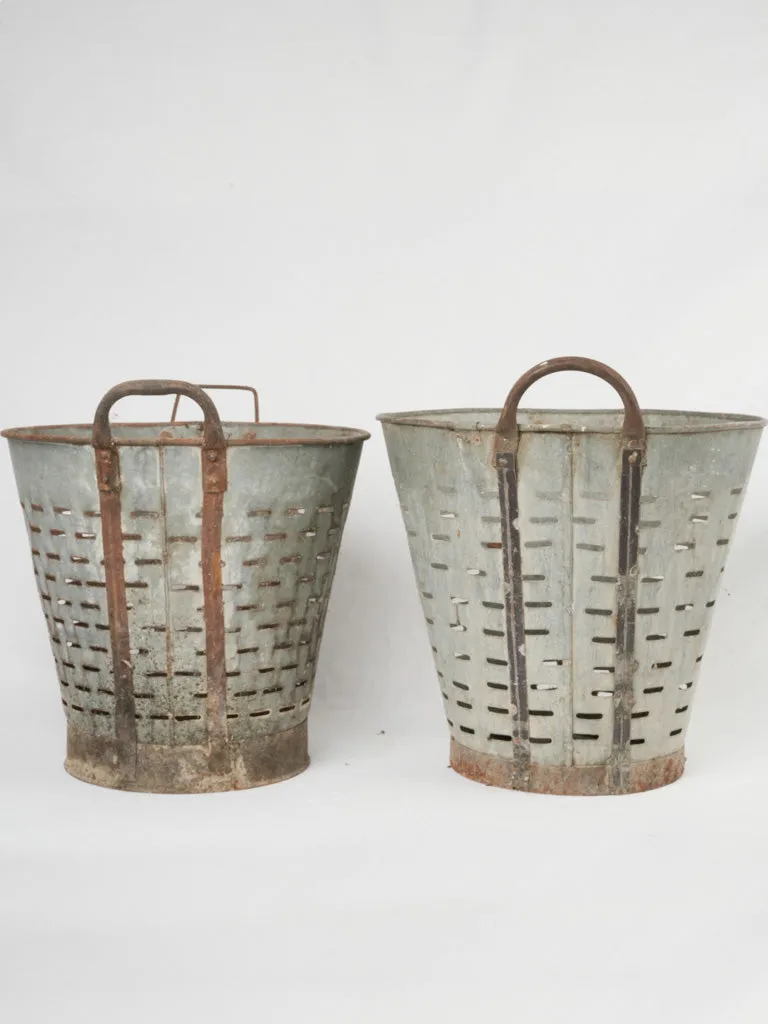 Pair of rustic zinc perforated olive buckets 18"