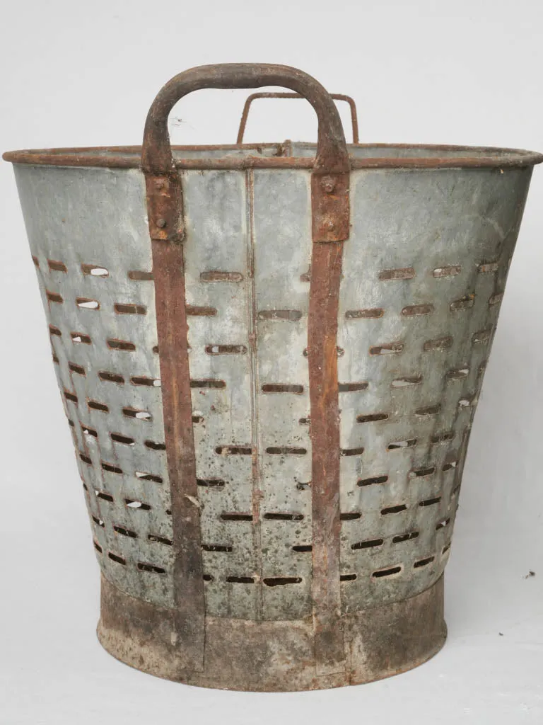 Pair of rustic zinc perforated olive buckets 18"