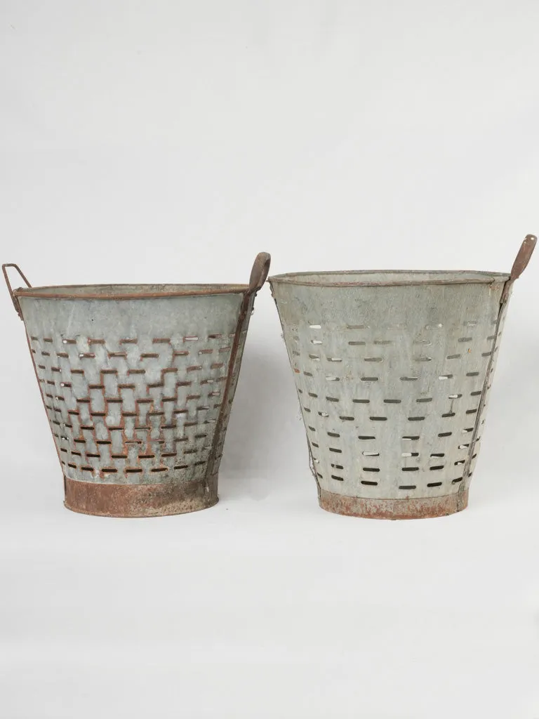 Pair of rustic zinc perforated olive buckets 18"