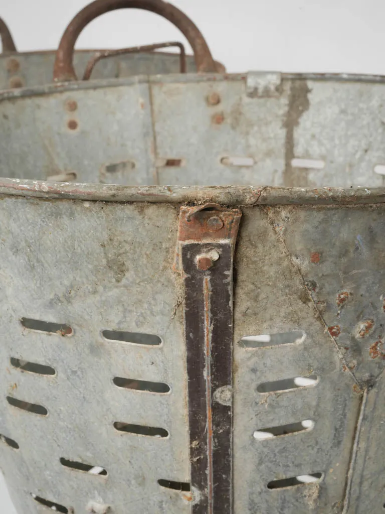 Pair of rustic zinc perforated olive buckets 18"
