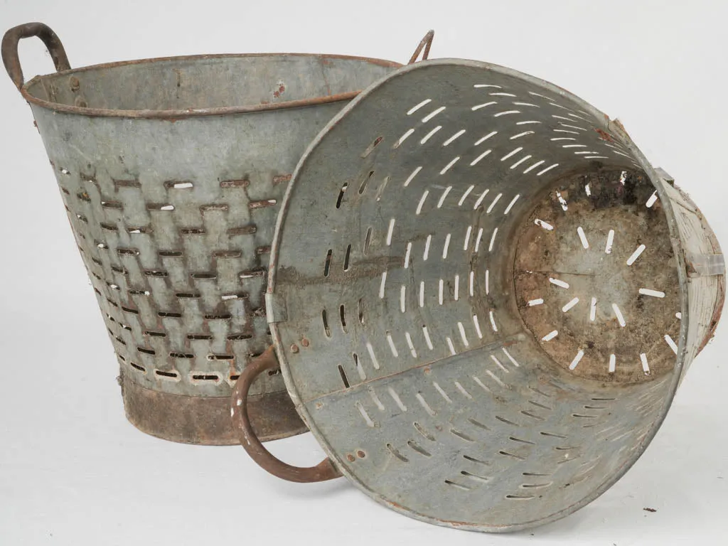 Pair of rustic zinc perforated olive buckets 18"