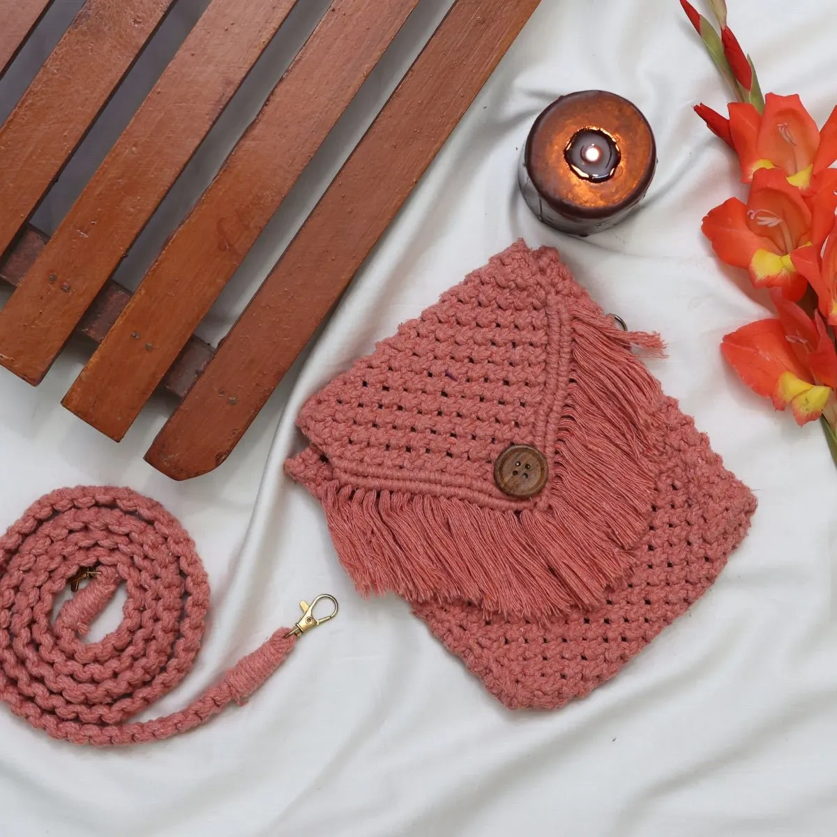 Peach Macrame Mobile Sling Bag