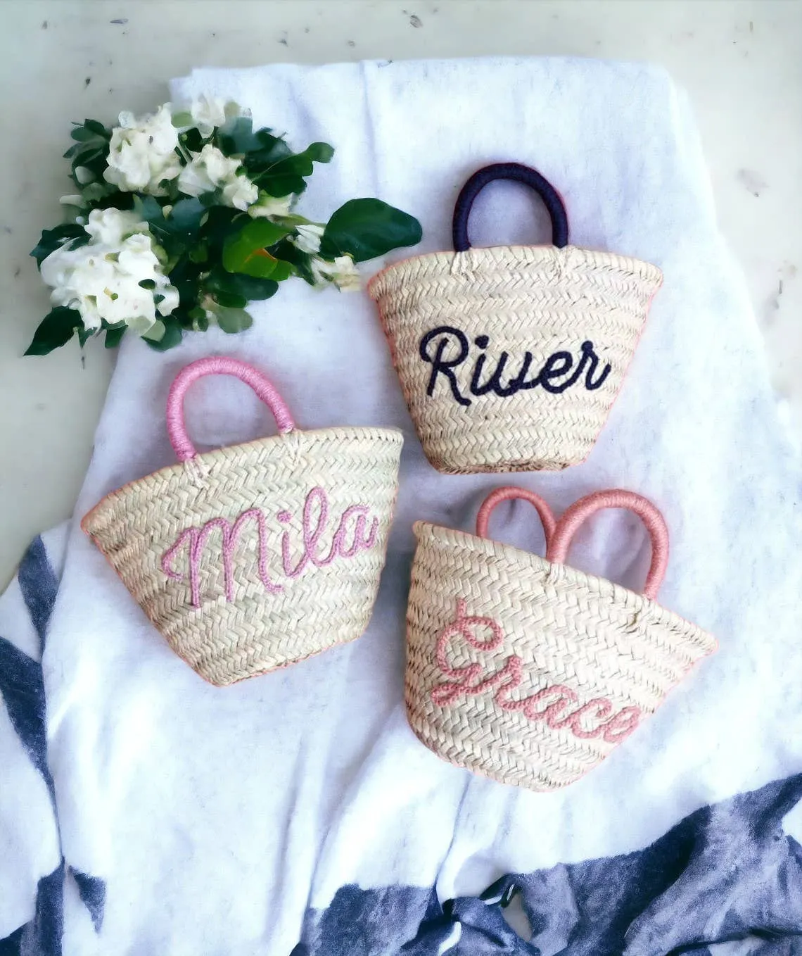 Personalized Straw Bag for Kids, Customized Straw Basket: Text   Handles