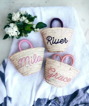 Personalized Straw Bag for Kids, Customized Straw Basket: Text   Handles