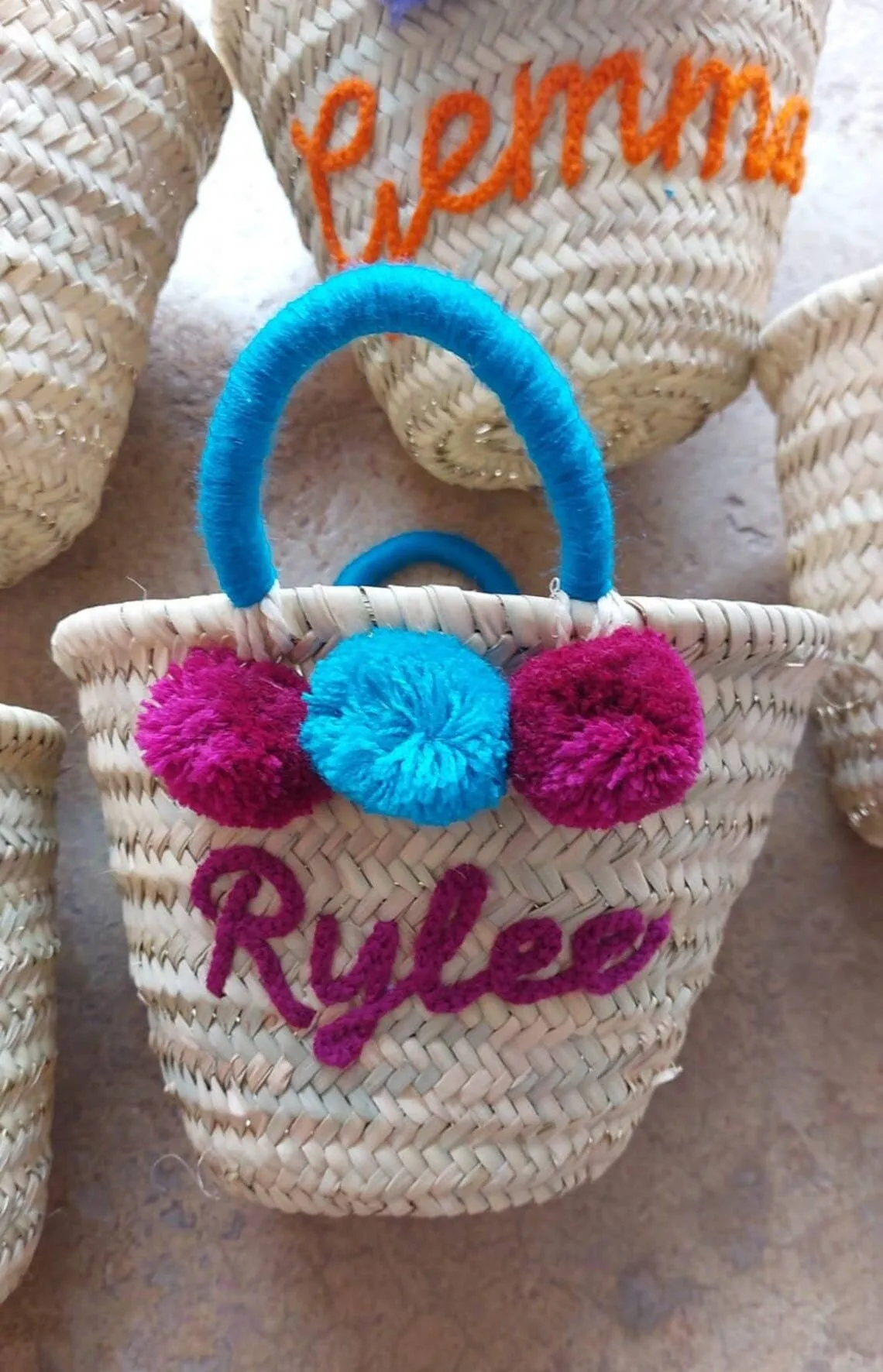 Personalized Straw Bag for Kids, Customized Straw Basket: Text   Handles