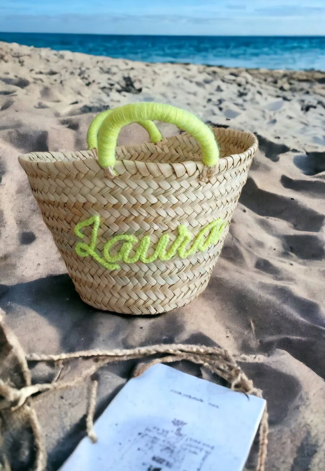 Personalized Straw Bag for Kids, Customized Straw Basket: Text   Handles