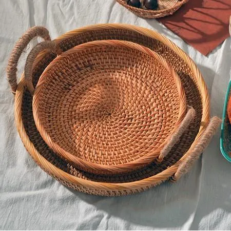 Rattan Storage Basket with Handle, Fruit Basket, Woven Round Basket, Storage Baskets for Tea Table T