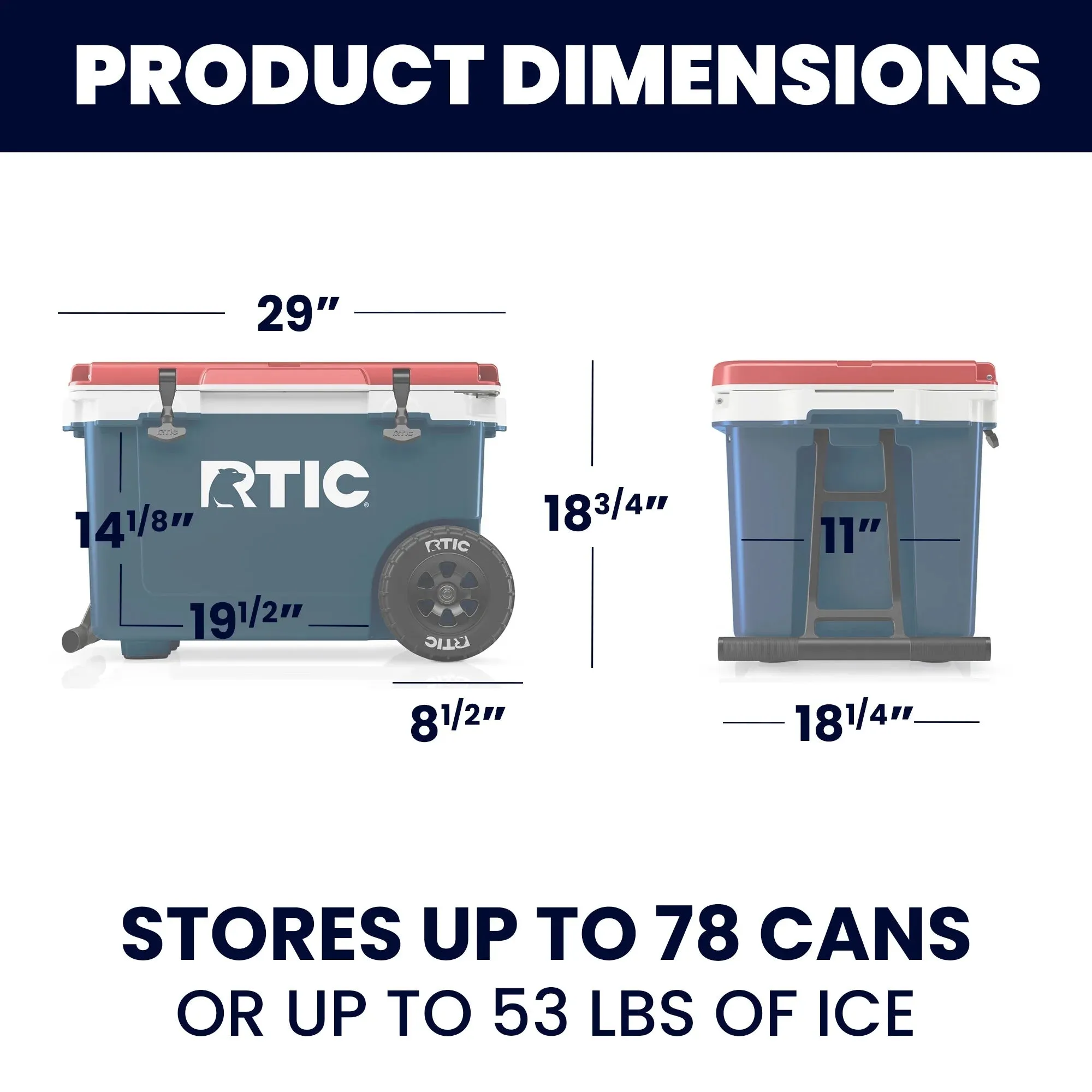 RTIC 52 QT Ultra-Light Wheeled Hard-Sided Ice Chest Cooler, Patriot, Fits 78 Cans
