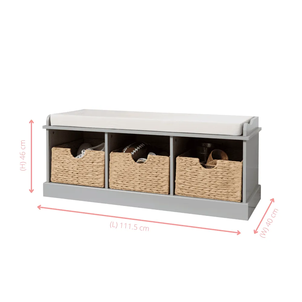 Stockholm Storage Bench with 3 Brown Baskets in Silk Grey