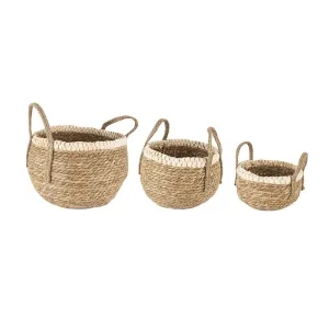 Straw and Corn Basket with Cream Braid S/3