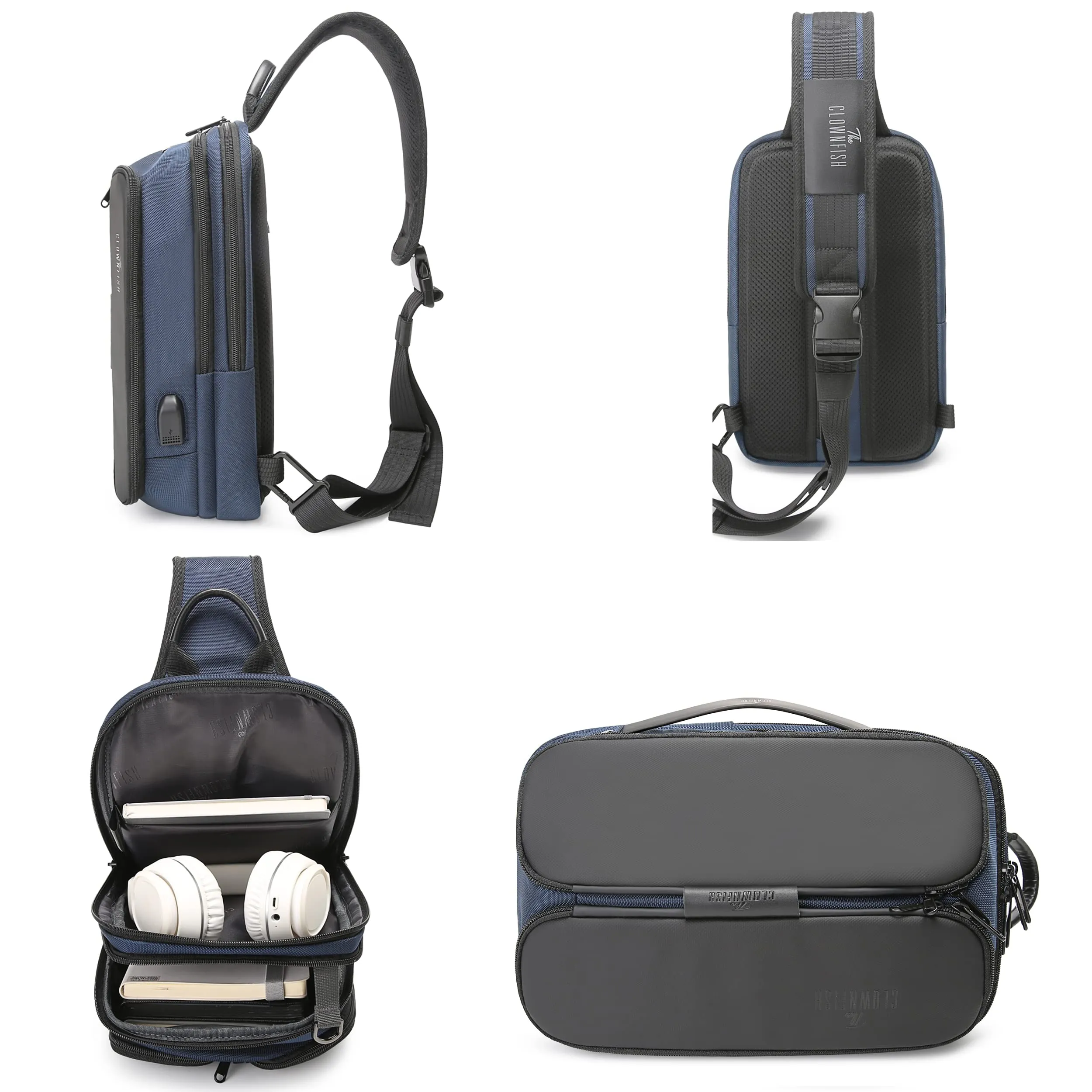 THE CLOWNFISH Single Shoulder Water Resistant Antitheft Crossbody Bag Chest Bag External USB Interface Single Shoulder Bag Chest Pack (Blue)