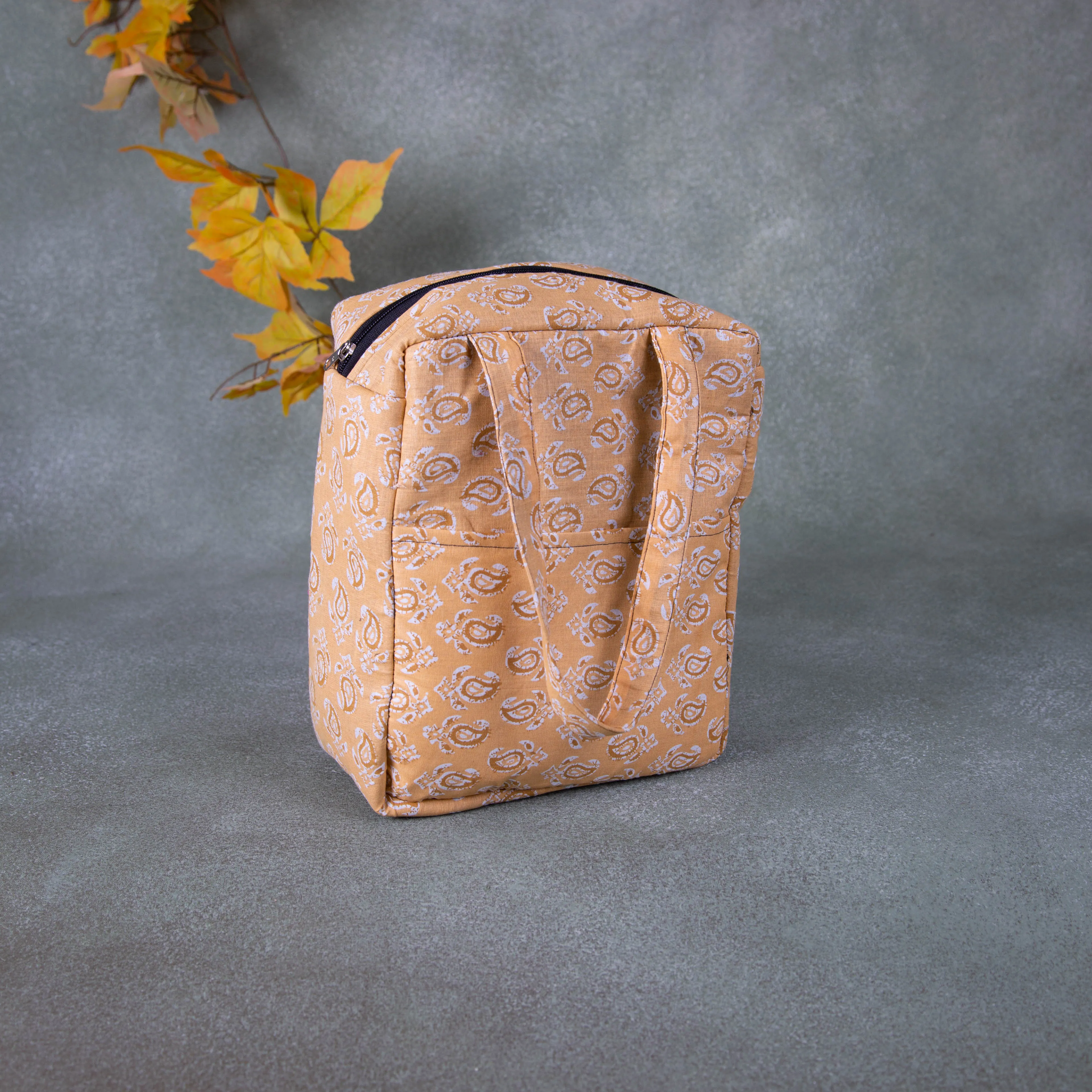 Water Proof Cotton Lunch Bag Light Yellow Colour with Small Flower Design