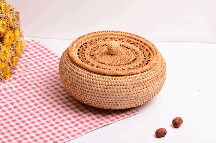 Woven Storage Basket with Lid, Rattan Round Storage Basket, Storage Basket for Kitchen, Picnic Storage Basket
