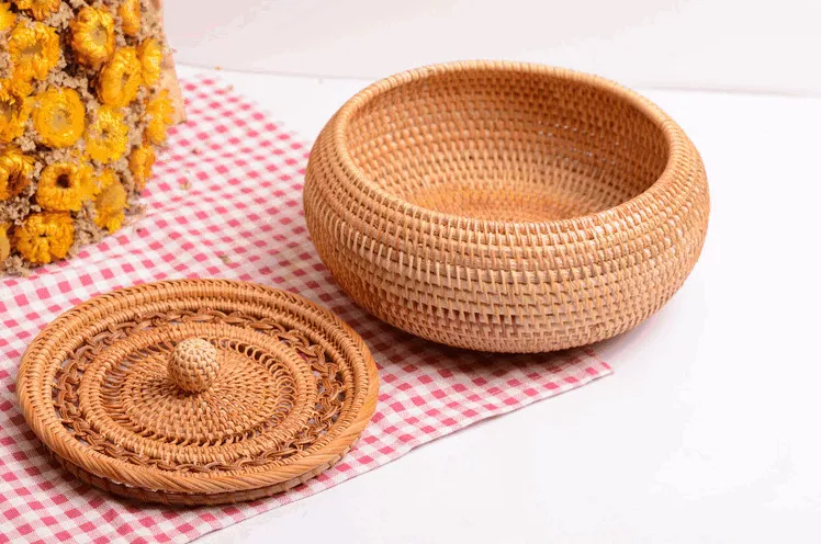 Woven Storage Basket with Lid, Rattan Round Storage Basket, Storage Basket for Kitchen, Picnic Storage Basket