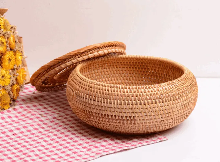 Woven Storage Basket with Lid, Rattan Round Storage Basket, Storage Basket for Kitchen, Picnic Storage Basket