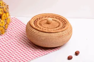 Woven Storage Basket with Lid, Rattan Round Storage Basket, Storage Basket for Kitchen, Picnic Storage Basket