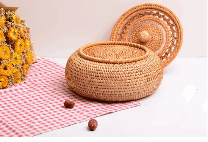 Woven Storage Basket with Lid, Rattan Round Storage Basket, Storage Basket for Kitchen, Picnic Storage Basket