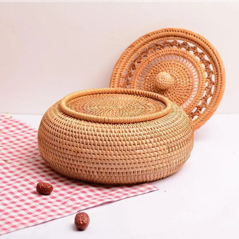 Woven Storage Basket with Lid, Rattan Round Storage Basket, Storage Basket for Kitchen, Picnic Storage Basket